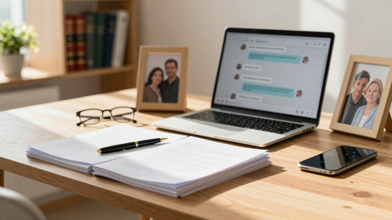 Mesa de trabalho com computador portátil, telemóvel, documentos, caneta, óculos e fotografias em moldura.