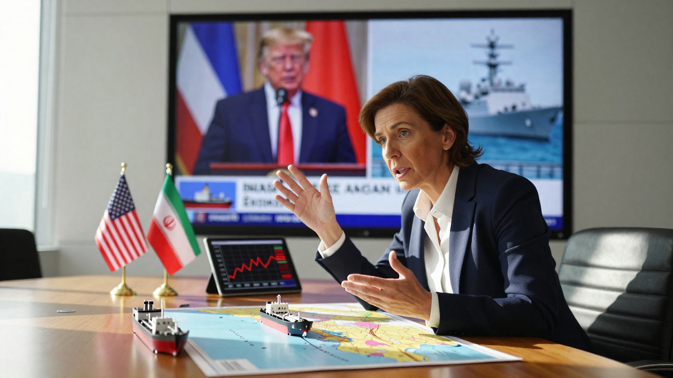 Mulher em reunião com mapa naval à frente, duas bandeiras e vídeo de político em ecrã ao fundo.