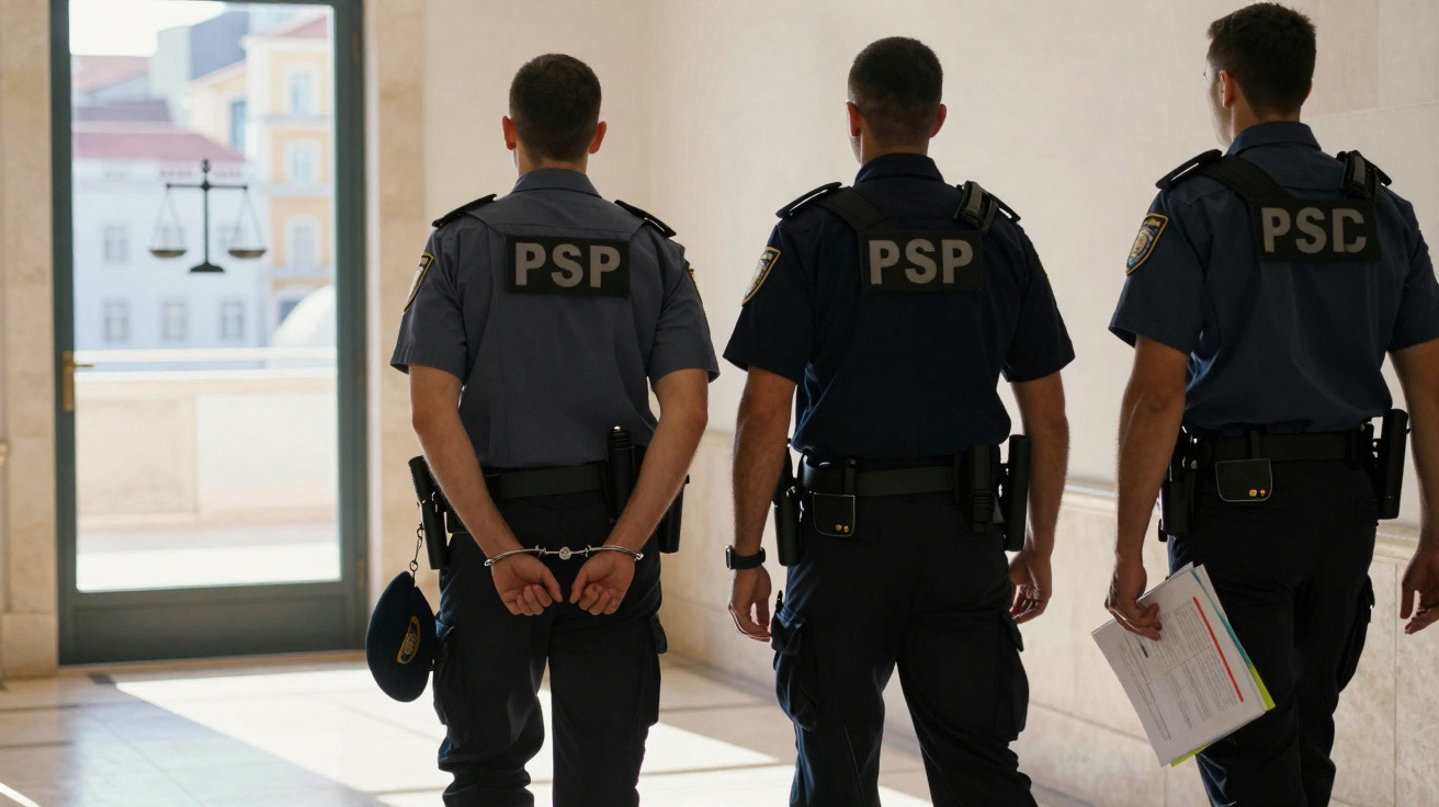 Três polícias de costas, dois com fardas PSP e um com farda PSC, um com algemas nas mãos.