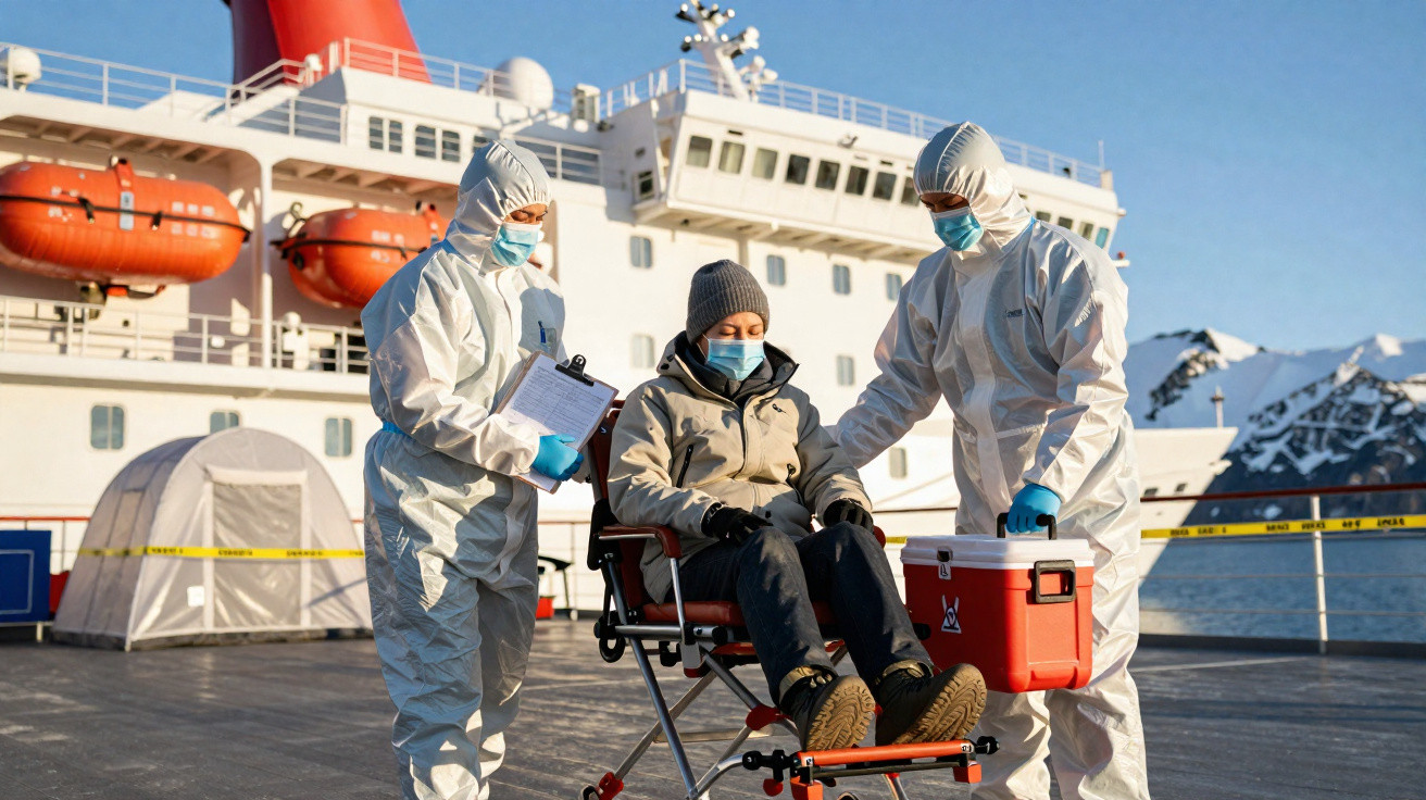 Dois profissionais em fato de proteção e máscara acompanham pessoa em cadeira de rodas perto de navio com neve ao fundo.