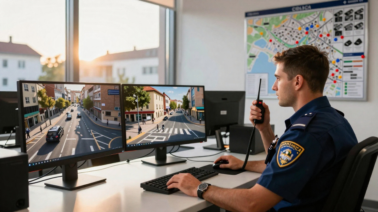Polícia de segurança pública a monitorizar trânsito em dois ecrãs com rádio em mão numa sala de controlo.
