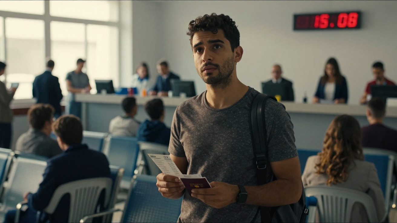 Homem com bilhete e passaporte na mão numa sala de espera de aeroporto com outras pessoas sentadas e balcão de atendimento.