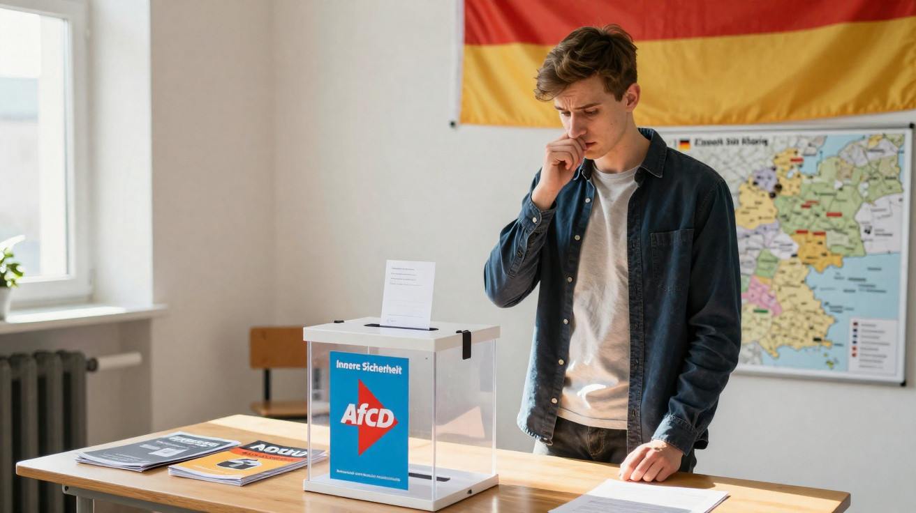 Jovem pensativo a preparar-se para votar numa urna transparente numa sala com bandeira e mapa.