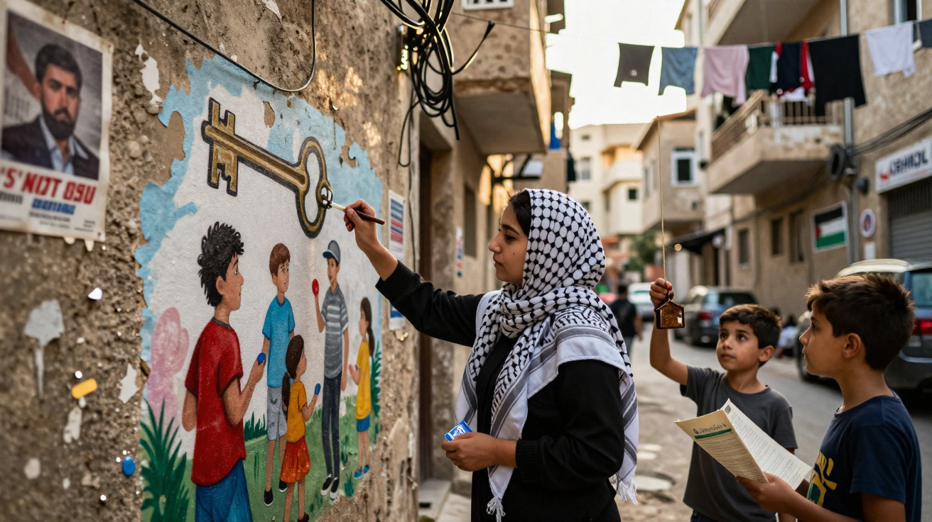 Mulher pinta mural com chave dourada enquanto duas crianças observam em rua urbana com roupas estendidas.