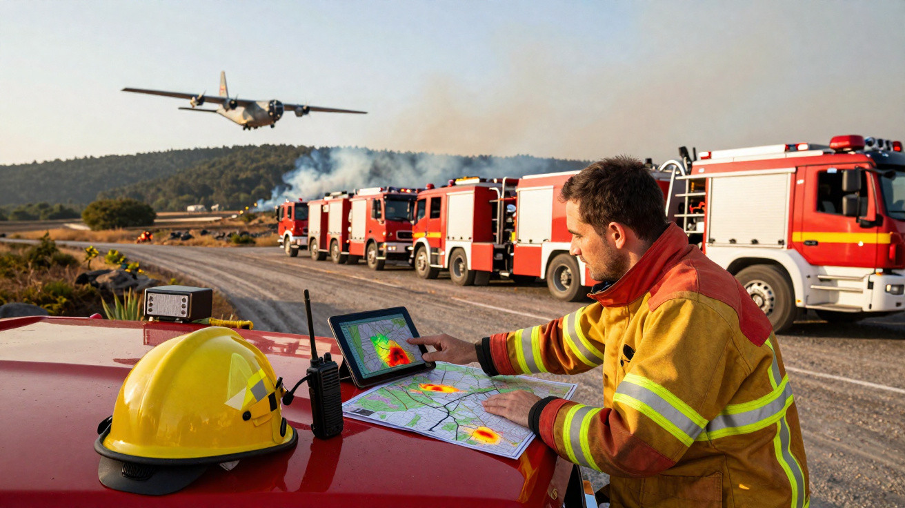 Bombeiro a planear estratégia contra incêndio, com carros de bombeiros e avião de combate a fogo ao fundo.