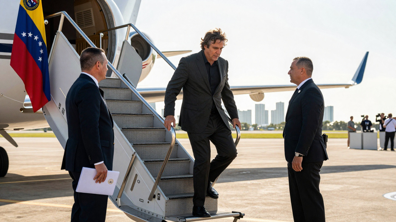 Homem de fato preto descendo as escadas de avião com bandeira da Venezuela ao lado e dois homens recebendo-o.