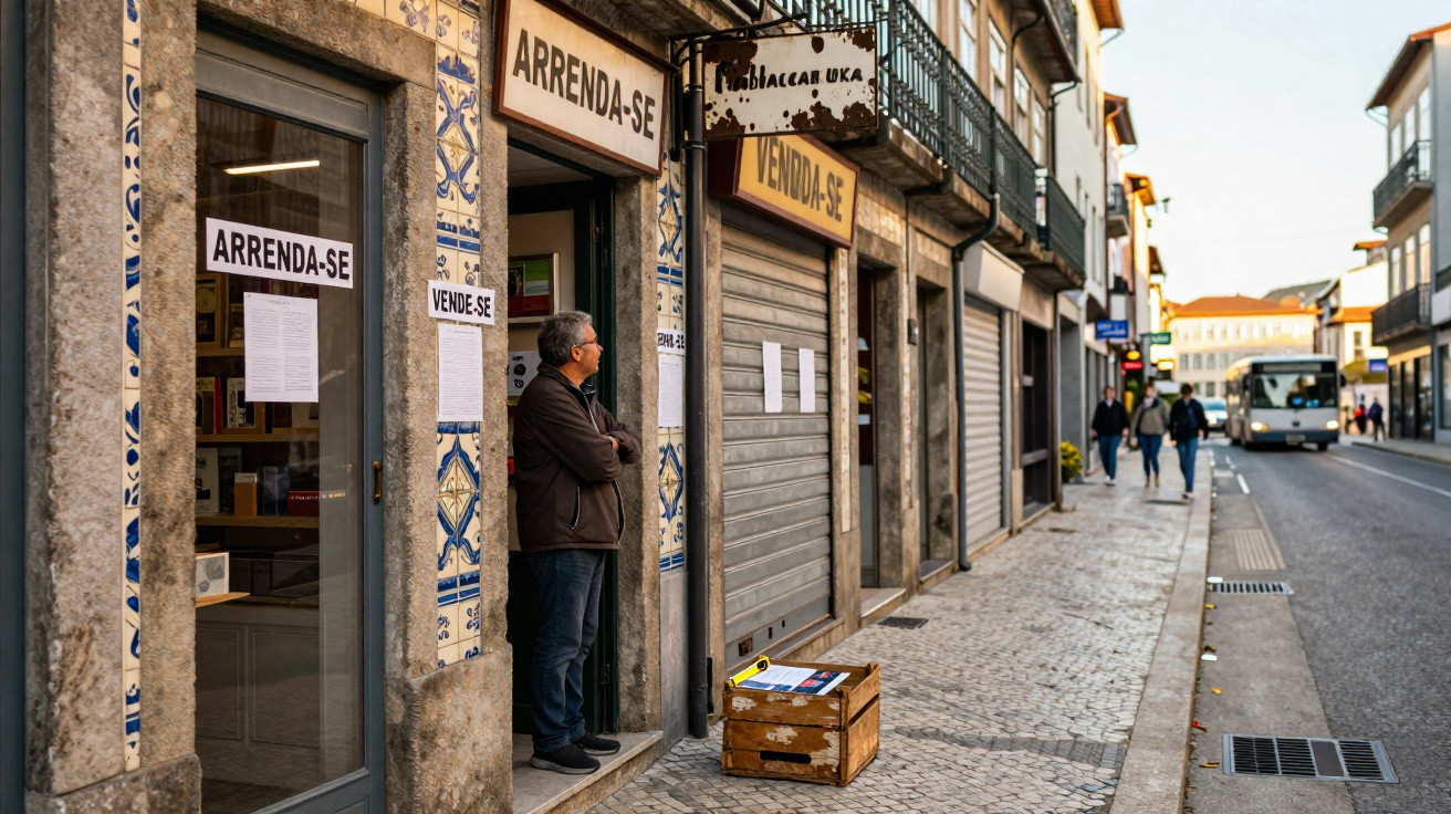 Rua com estabelecimentos comerciais para arrendamento e venda, homem encostado na porta observando a rua.