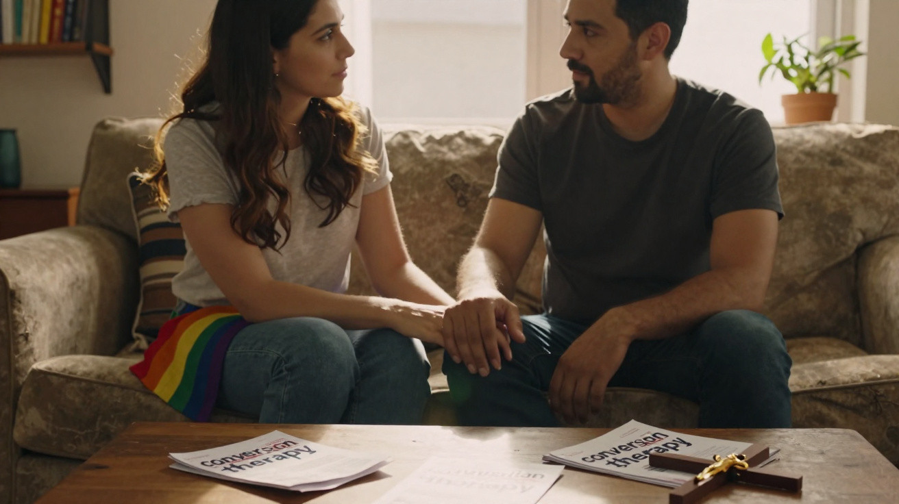 Casal sentado no sofá a dar apoio mútuo, com documentos de terapia de conversão sobre a mesa.
