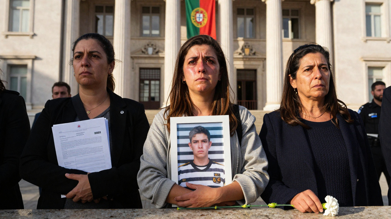 Três mulheres sérias em protesto, uma segurando foto de jovem, bandeira de Portugal ao fundo num edifício público.