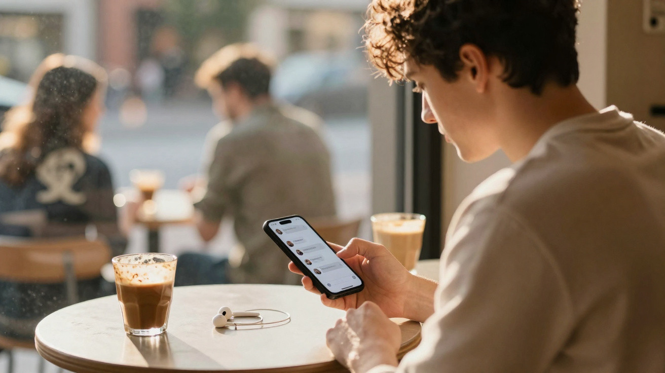 Jovem sentado num café a usar smartphone com bebida e auriculares sobre a mesa, pessoas ao fundo desfocadas.