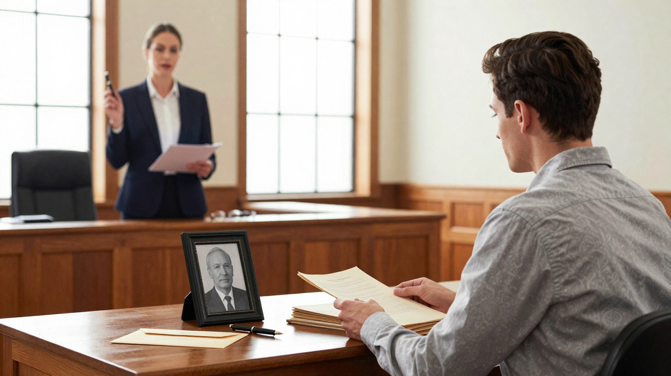 Homem sentado à mesa em tribunal, a analisar documentos, com fotografia de homem idoso e advogada ao fundo.