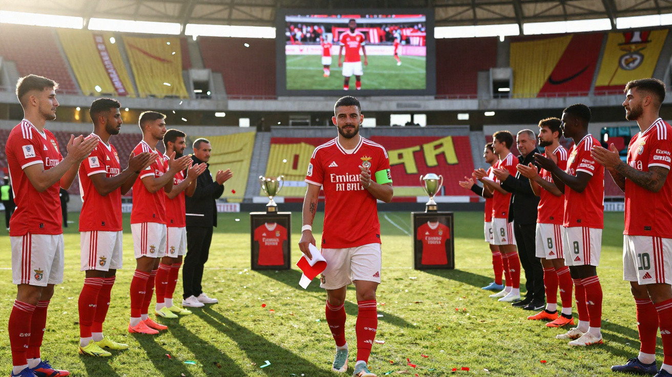 Jogadores do Benfica a aplaudir capitão no estádio durante cerimónia de homenagem.
