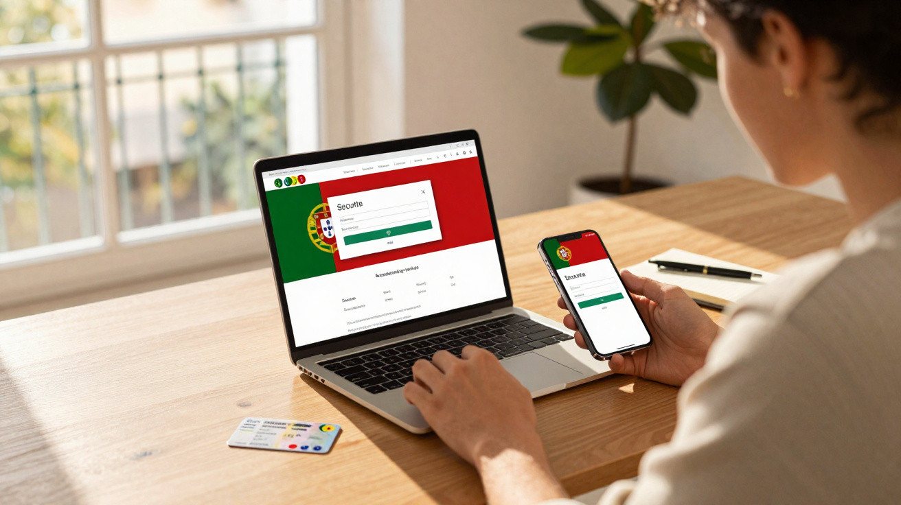 Pessoa a fazer login online num site com bandeira de Portugal no computador portátil e no telemóvel.