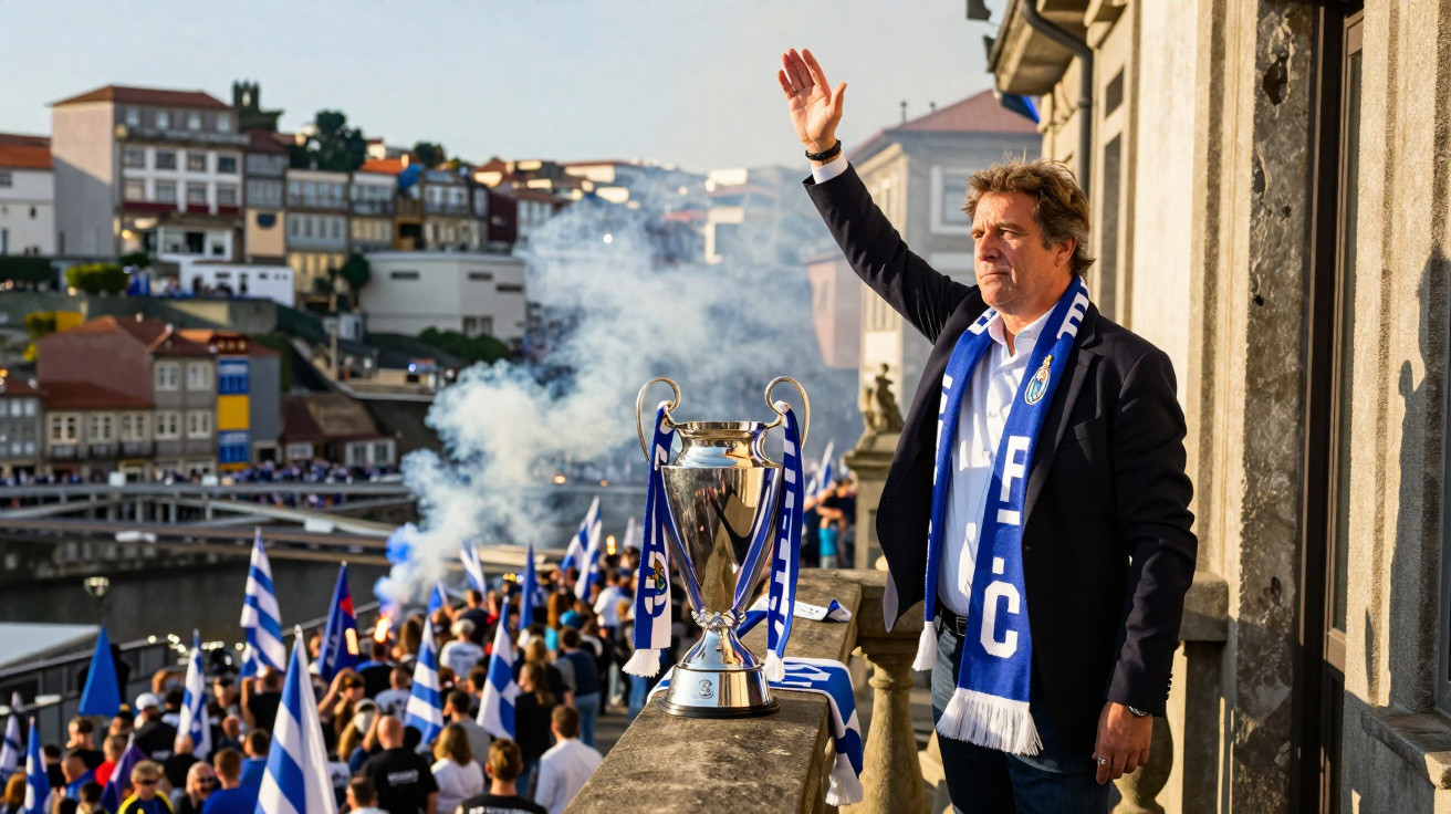 Homem com cachecol do FC Porto acena numa varanda ao lado da Taça UEFA, com multidão e bandeiras azuis e brancas ao fundo.