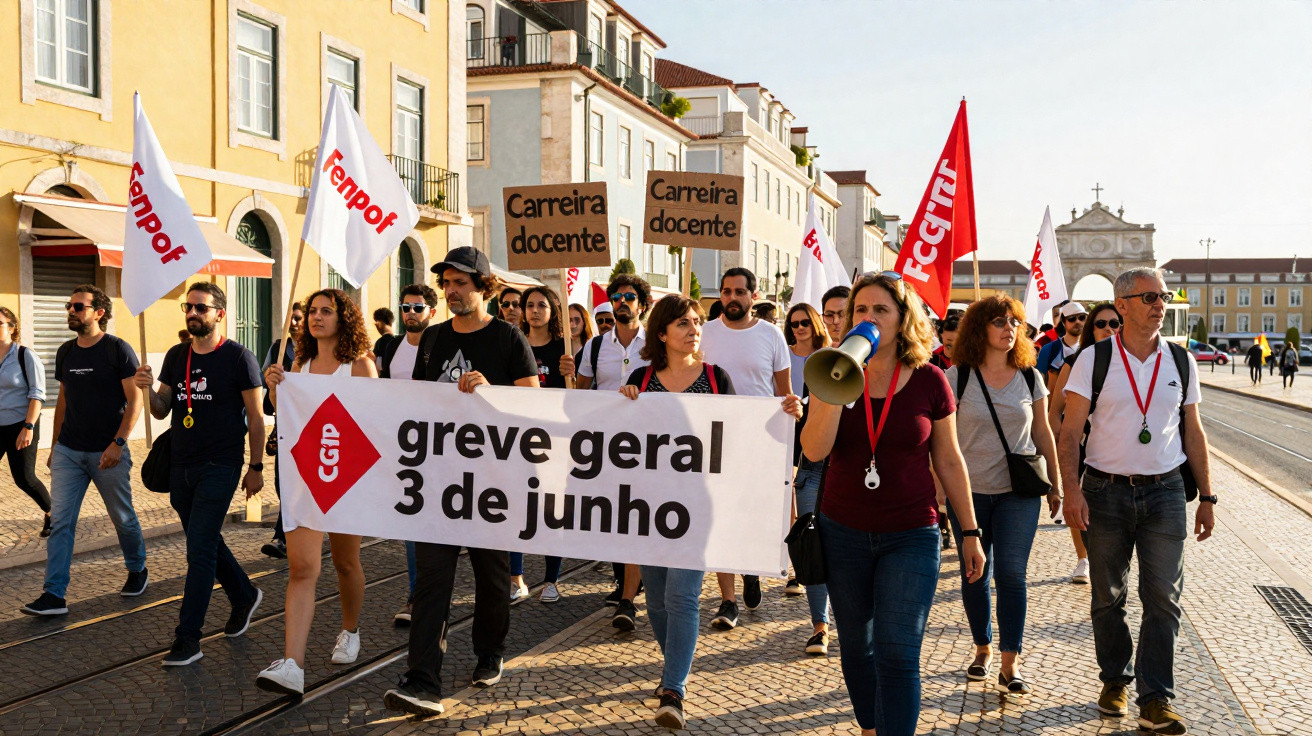 Manifestantes em greve geral de 3 de junho seguram cartazes e bandeiras num protesto numa rua de Lisboa.