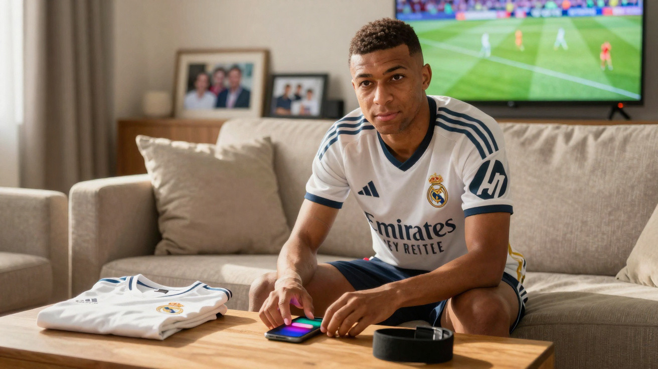 Jovem com camisola do Real Madrid sentado no sofá a usar smartphone, com jogo de futebol na televisão ao fundo.
