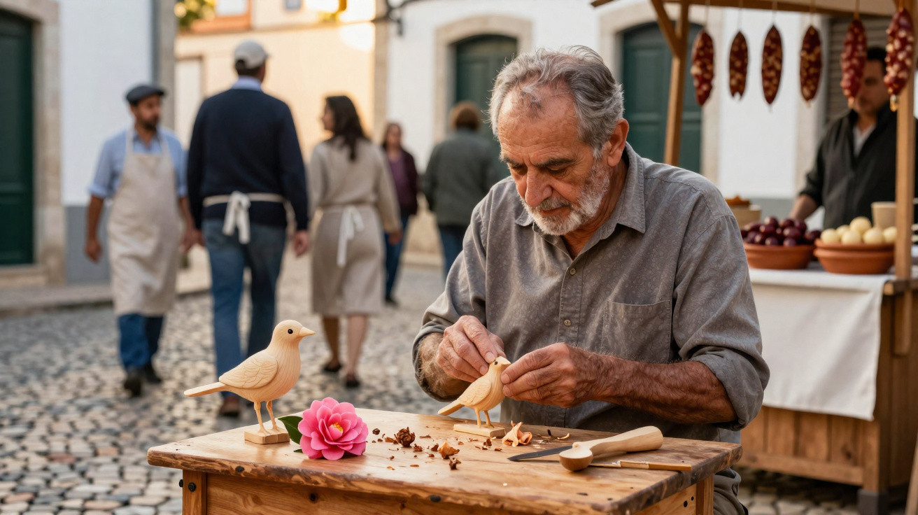 Homem idoso esculpindo uma ave em madeira numa praça com feira tradicional ao fundo.