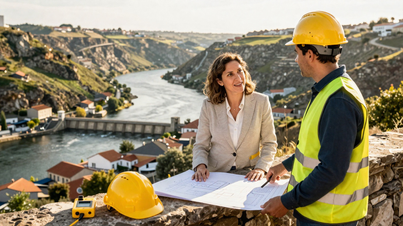 Engenheira e trabalhador de construção analisam plantas junto a rio e barragem numa paisagem rural.