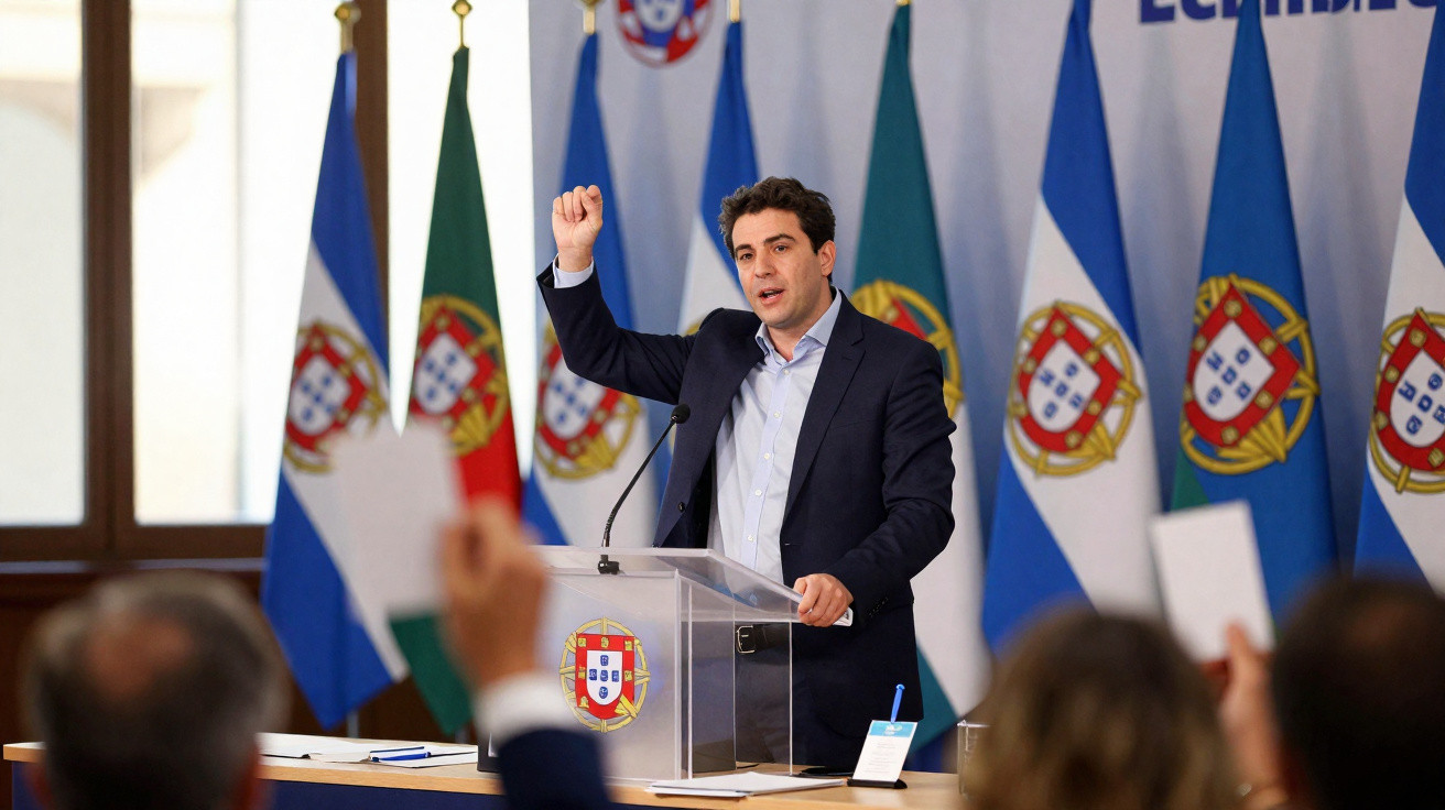 Homem a discursar num púlpito com bandeiras de Portugal e da Madeira ao fundo numa reunião formal.