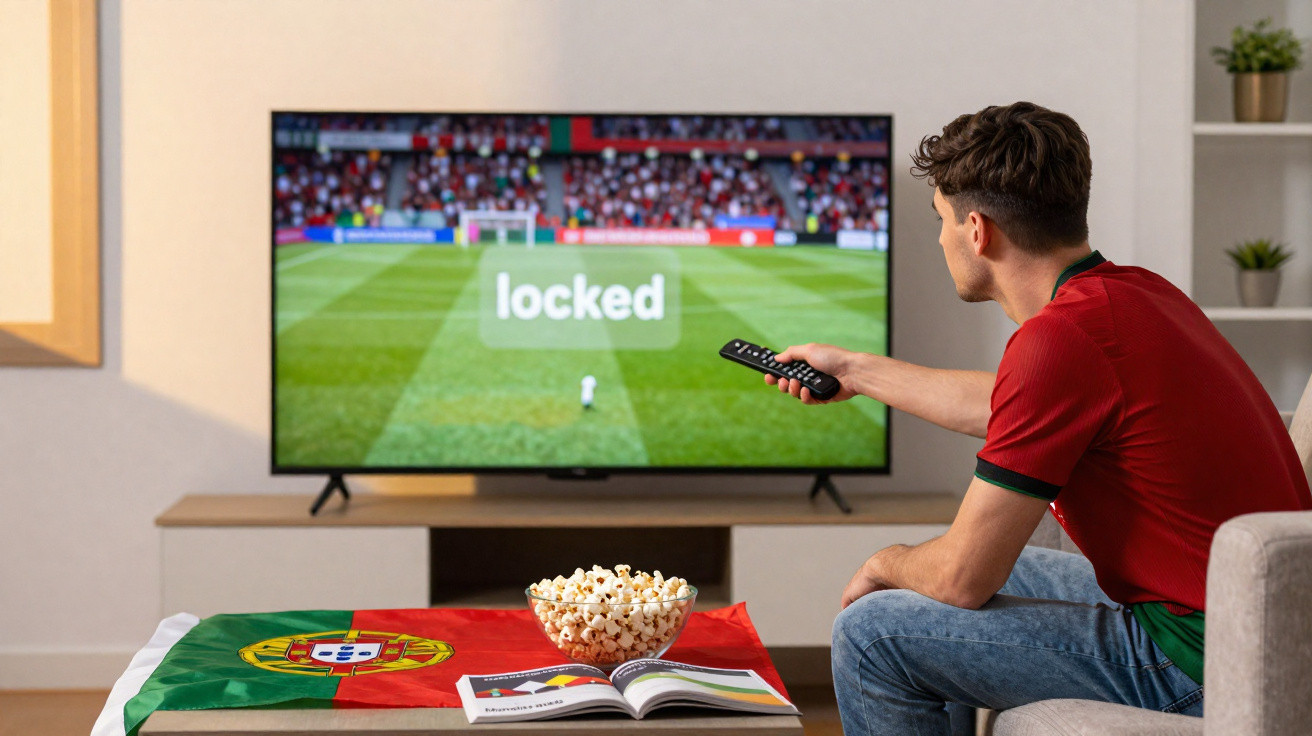 Homem com camisola vermelha assiste jogo bloqueado na televisão, com bandeira de Portugal e pipocas na mesa.