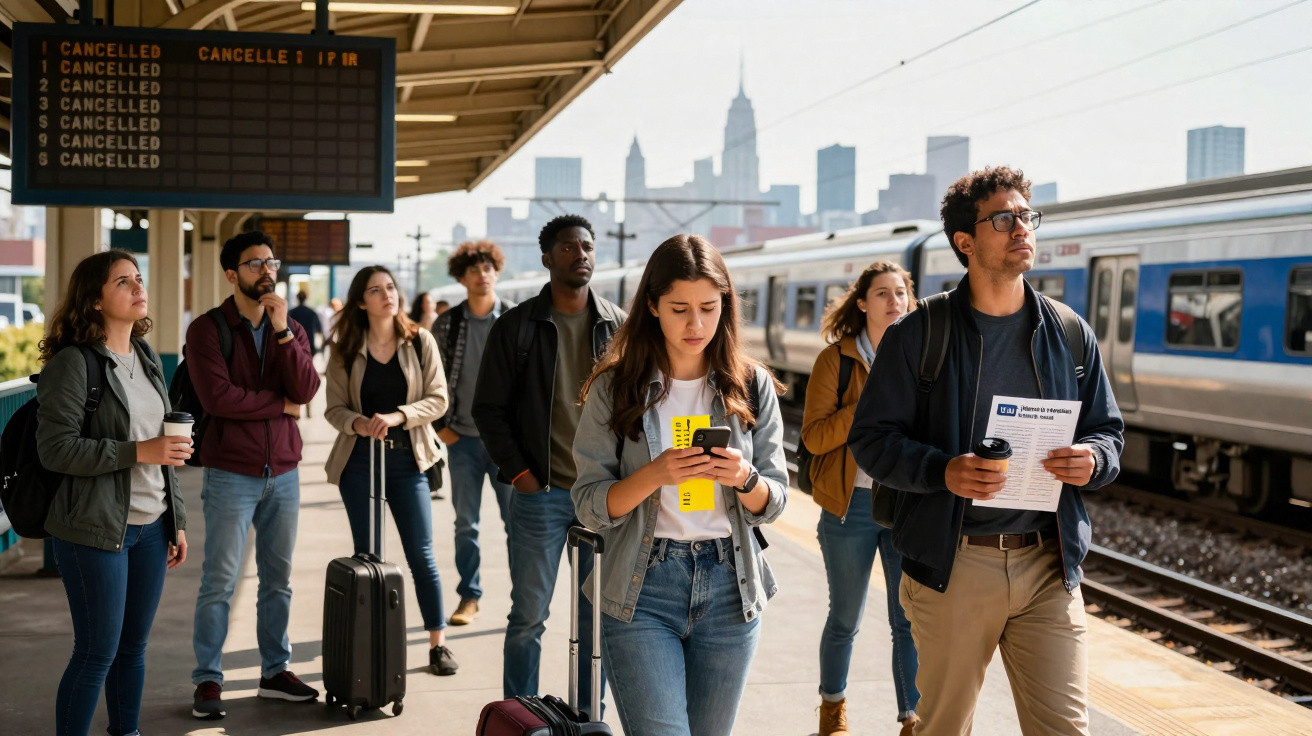 Passageiros aguardam na plataforma de uma estação de comboios com partidas canceladas, verificando informação.