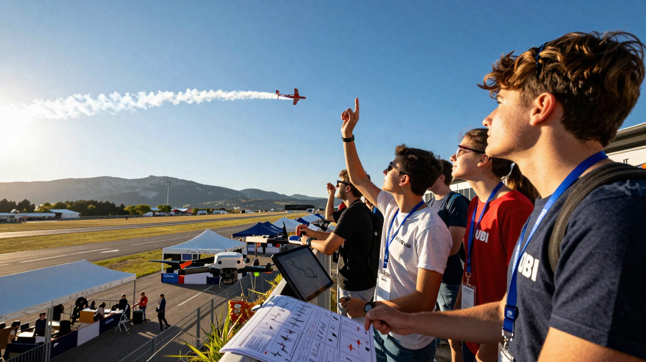 Jovens observam e apontam para avião acrobático a voar com rasto de fumo num evento ao ar livre.