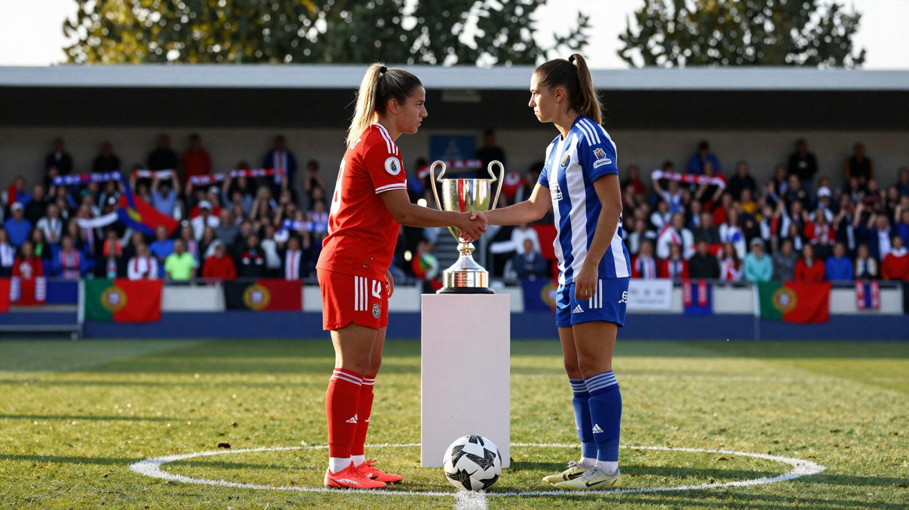 Duas jogadoras de futebol femininas apertam as mãos ao lado de um troféu, em campo, com público ao fundo.