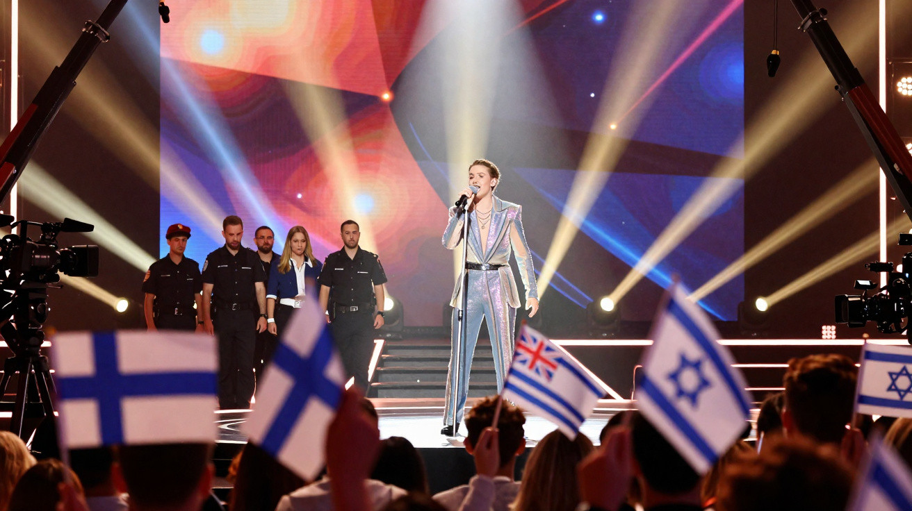 Artista a cantar num palco iluminado, com público a acenar bandeiras da Finlândia e Israel.