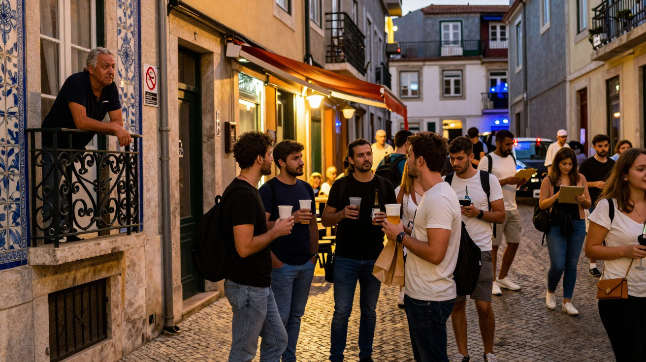 Grupo de jovens conversa numa rua de calçada portuguesa ao entardecer, com pessoas a passar e homem a olhar da varanda.