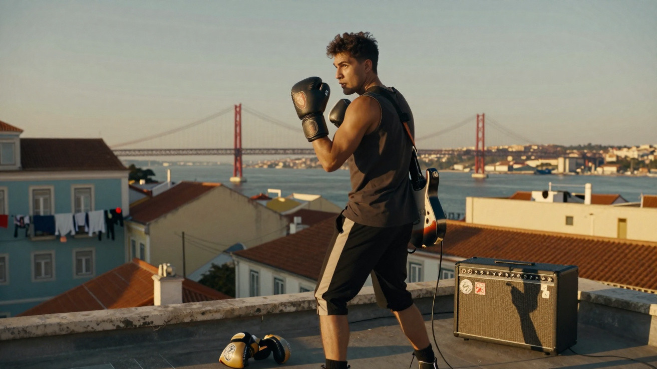 Homem com luvas de boxe a treinar num terraço em Lisboa com o rio e a ponte 25 de Abril ao fundo.