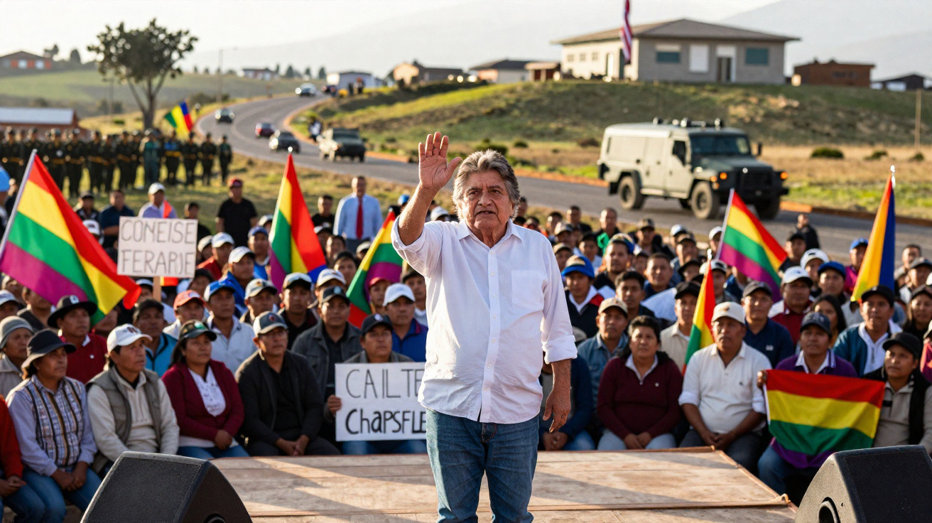 Homem de camisa branca e calças azuis acena para multidão com bandeiras coloridas numa estrada rural.