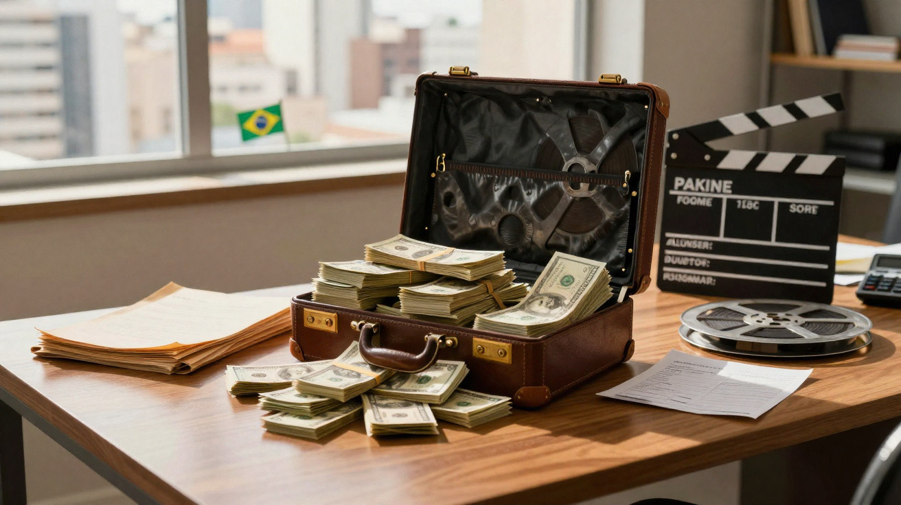 Mala aberta com pilhas de notas de dólar numa mesa de madeira com objetos de filmagem e documentos.
