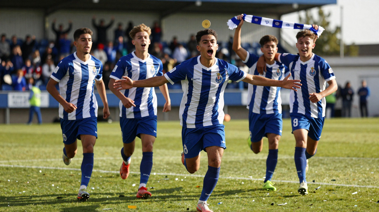 Jovens jogadores de futebol do FC Porto celebram com entusiasmo um golo num campo aberto.