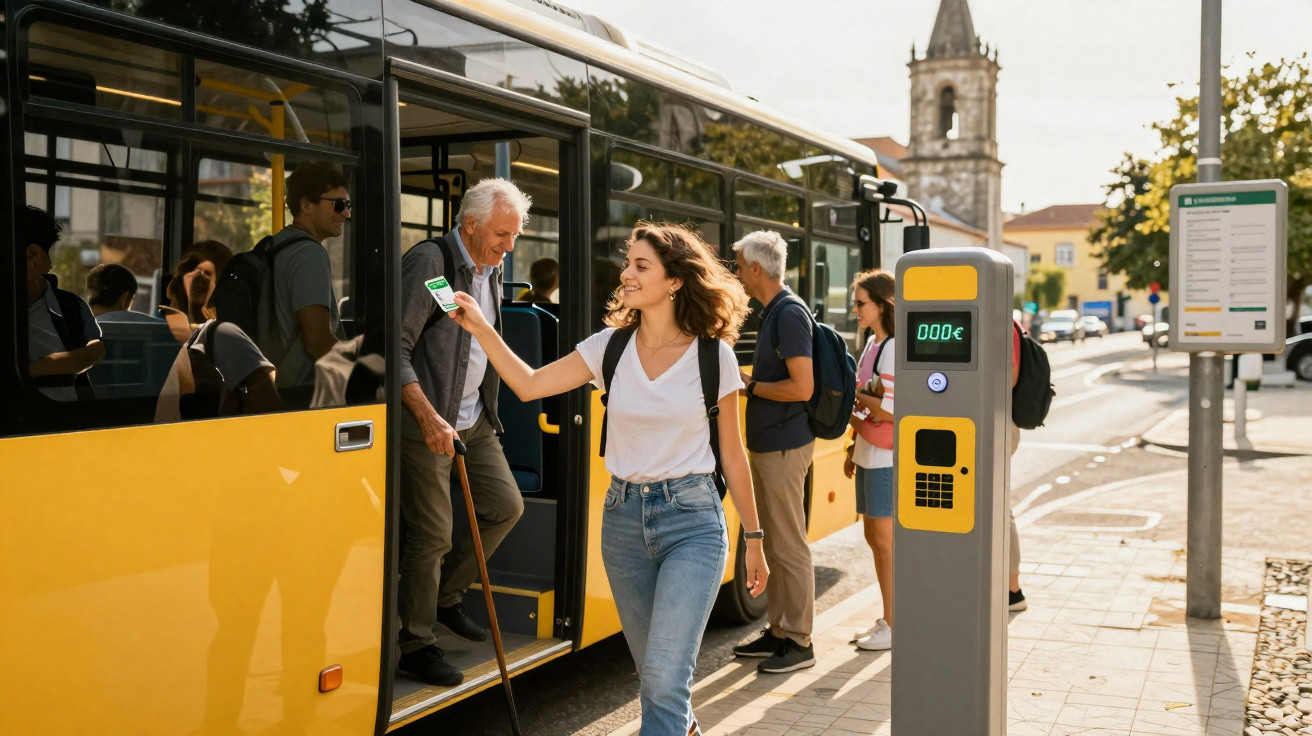 Mulher jovem com mochila usa telemóvel para pagar transporte ao entrar em autocarro amarelo numa paragem urbana.