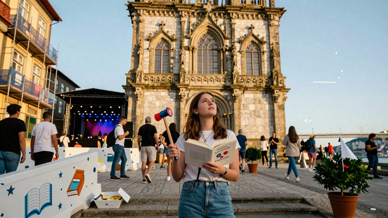 Jovem com livro e martelo de malabarista junto a palco e catedral, com pessoas a passear ao entardecer.