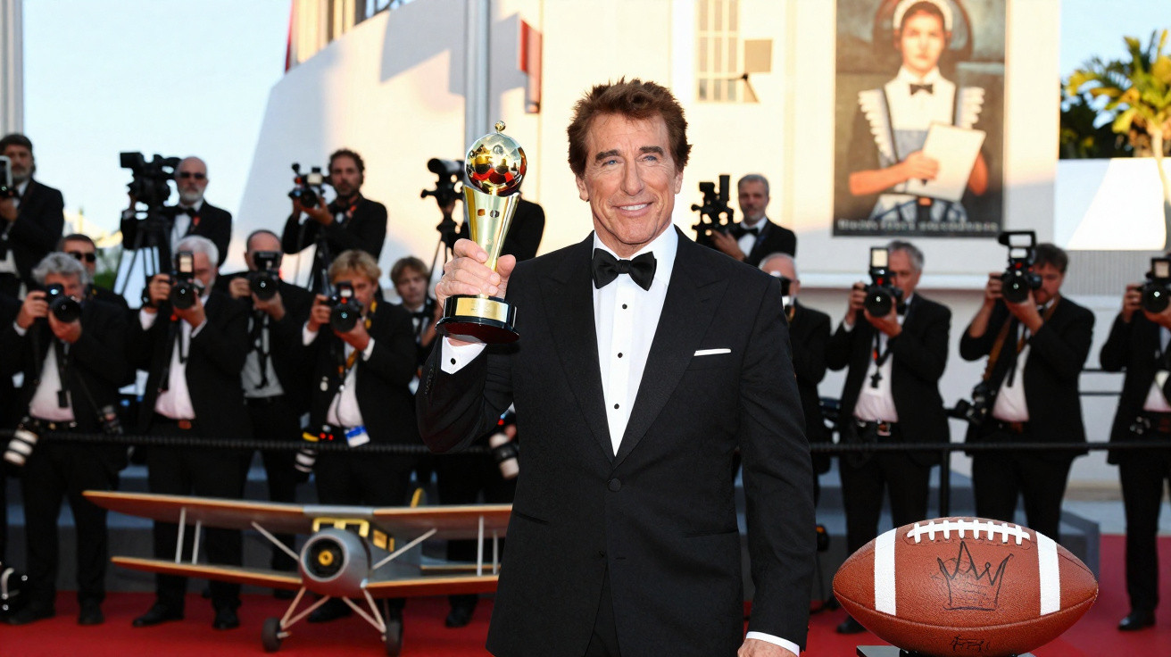 Homem de fato preto segura troféu dourado num tapete vermelho com fotógrafos ao fundo.