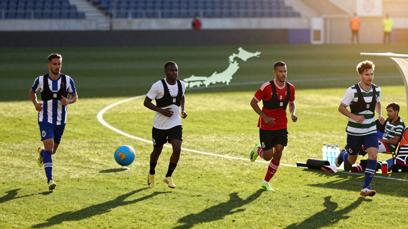 Quatro jogadores de futebol a correr em campo durante treino com bola azul visível no relvado.