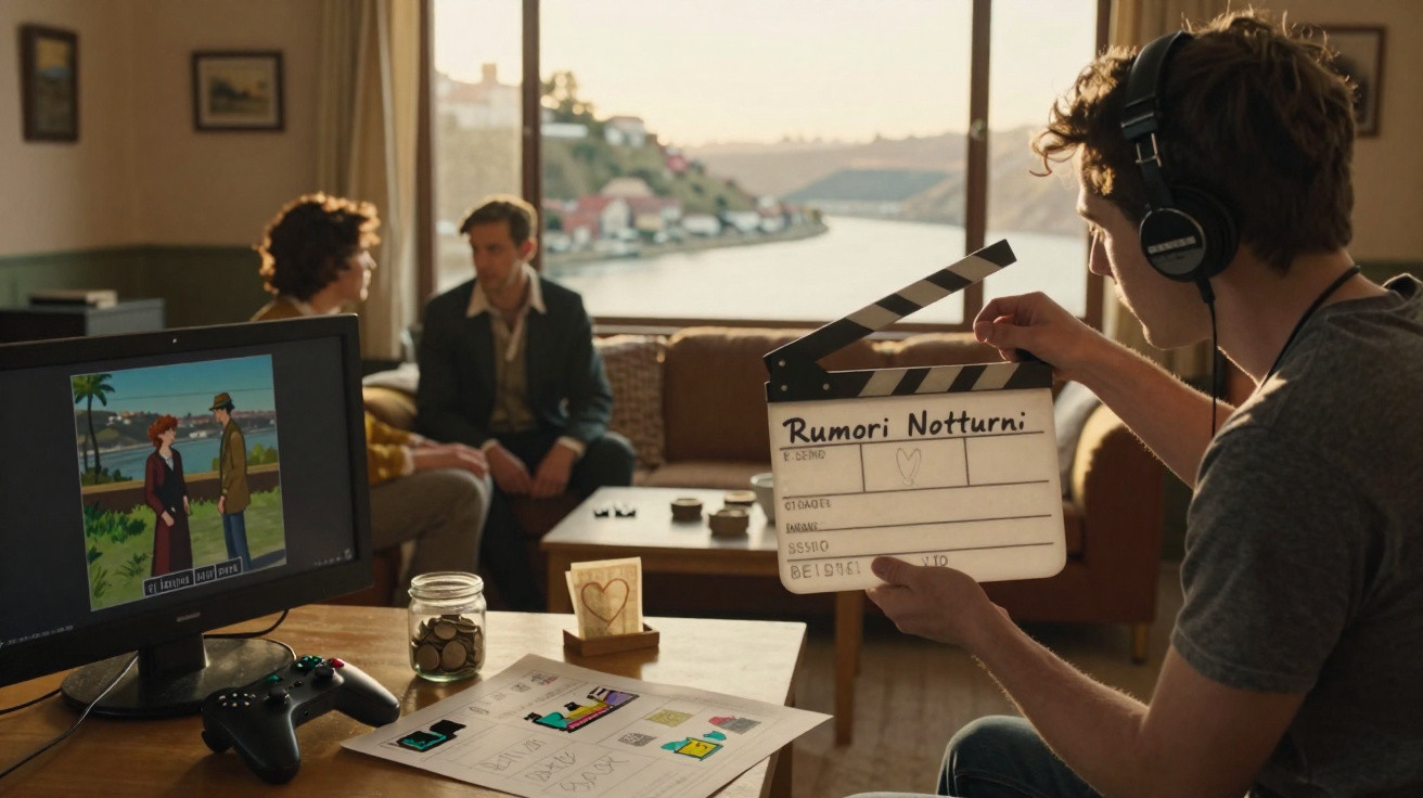 Pessoa com auscultadores a segurar claquete de filme numa sala com dois atores a conversarem no sofá.