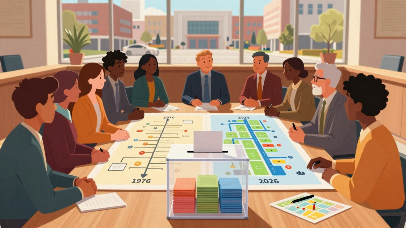Grupo diversificado de pessoas em reunião à volta de uma mesa com gráficos e urna de votação numa sala de escritório.