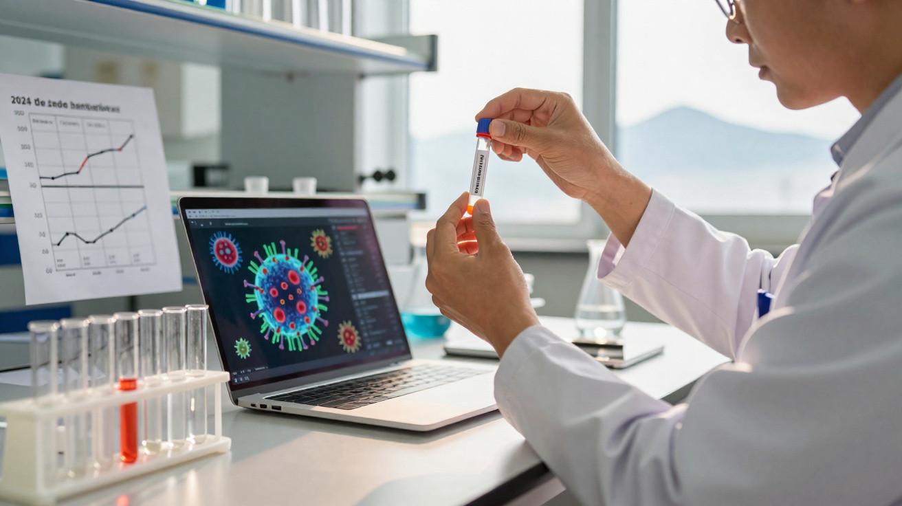Cientista em laboratório segura tubo de ensaio com líquido vermelho, analisando no computador imagens do vírus.