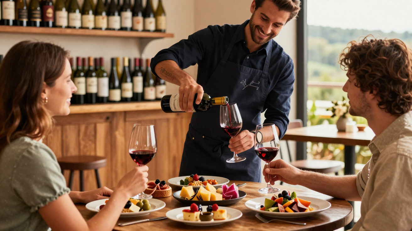 Homem serve vinho a dois clientes num restaurante com mesa de pratos variados e garrafas ao fundo.