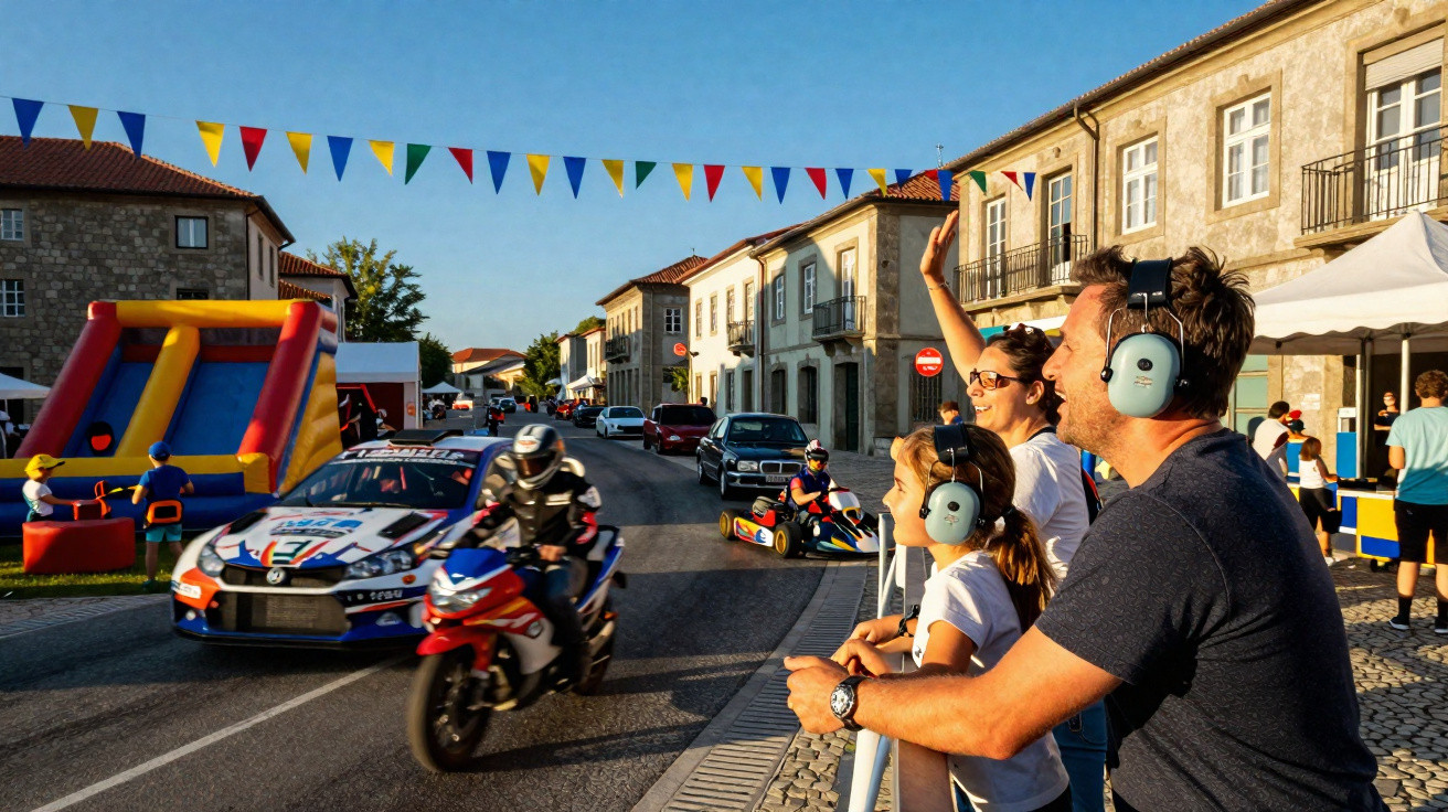 Família com protetores auriculares assiste a corrida de motos e carros numa festa na rua com casas antigas.