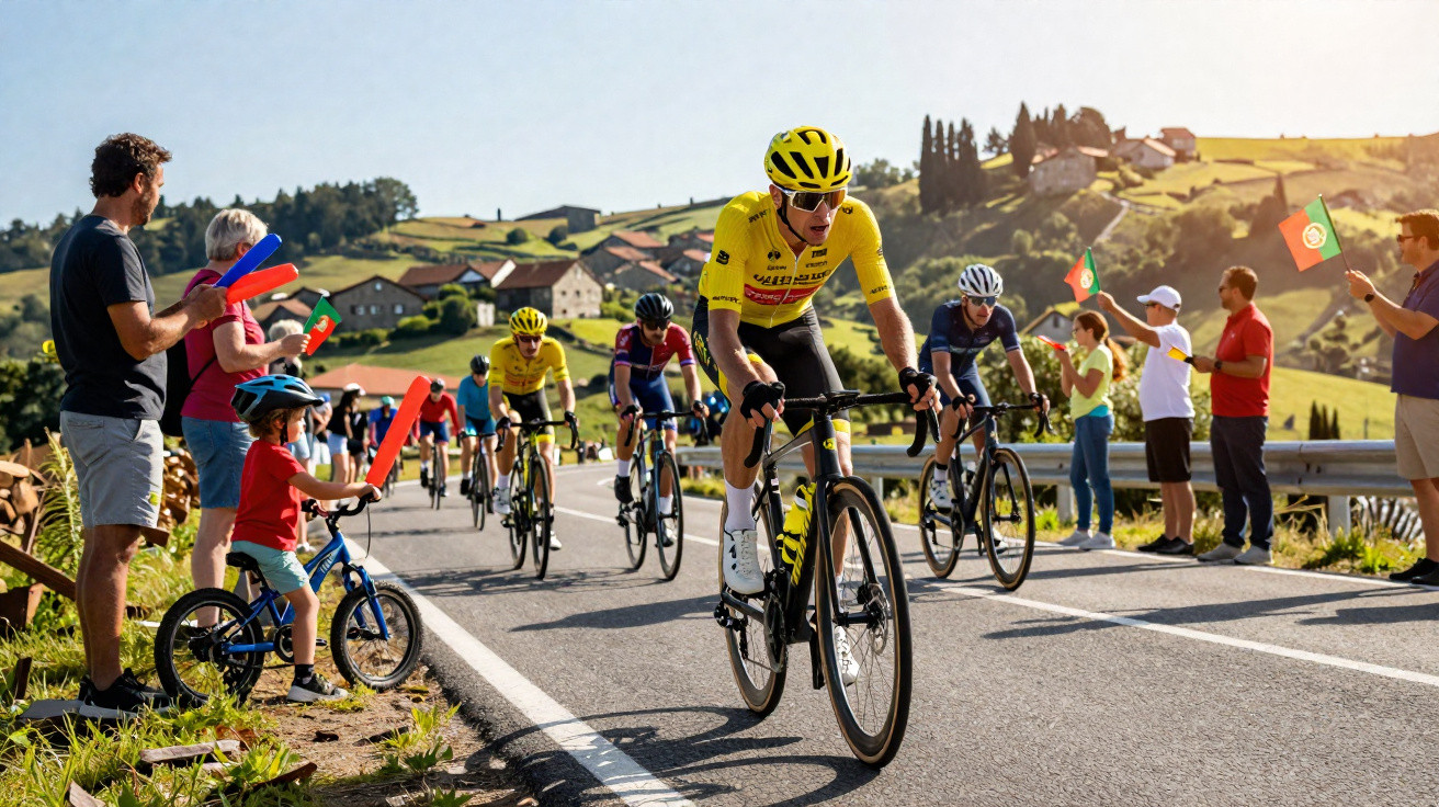 Ciclistas em corrida passam por estrada rural com público a aplaudir e a segurar bandeiras de Portugal.
