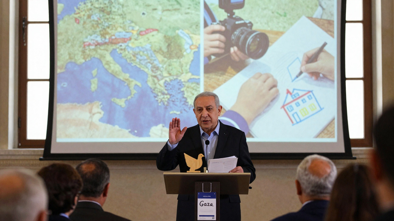 Homem fala ao microfone num pódio com audiência, com projeção de mapa da Europa e desenho de casa ao fundo.