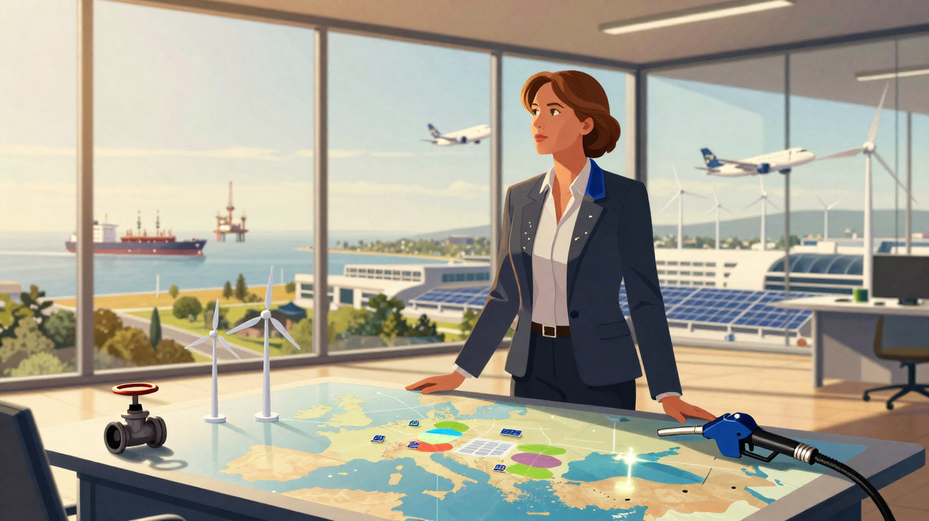 Mulher de negócios numa sala com vista para aviões, navio e turbinas eólicas, analisando mapa estratégico.
