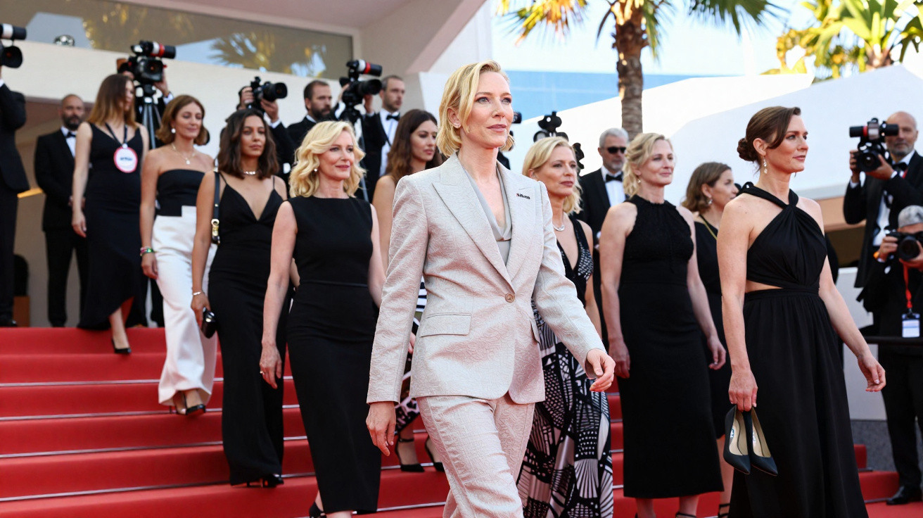 Grupo de mulheres elegantes a descer escadaria vermelha num evento formal ao ar livre.