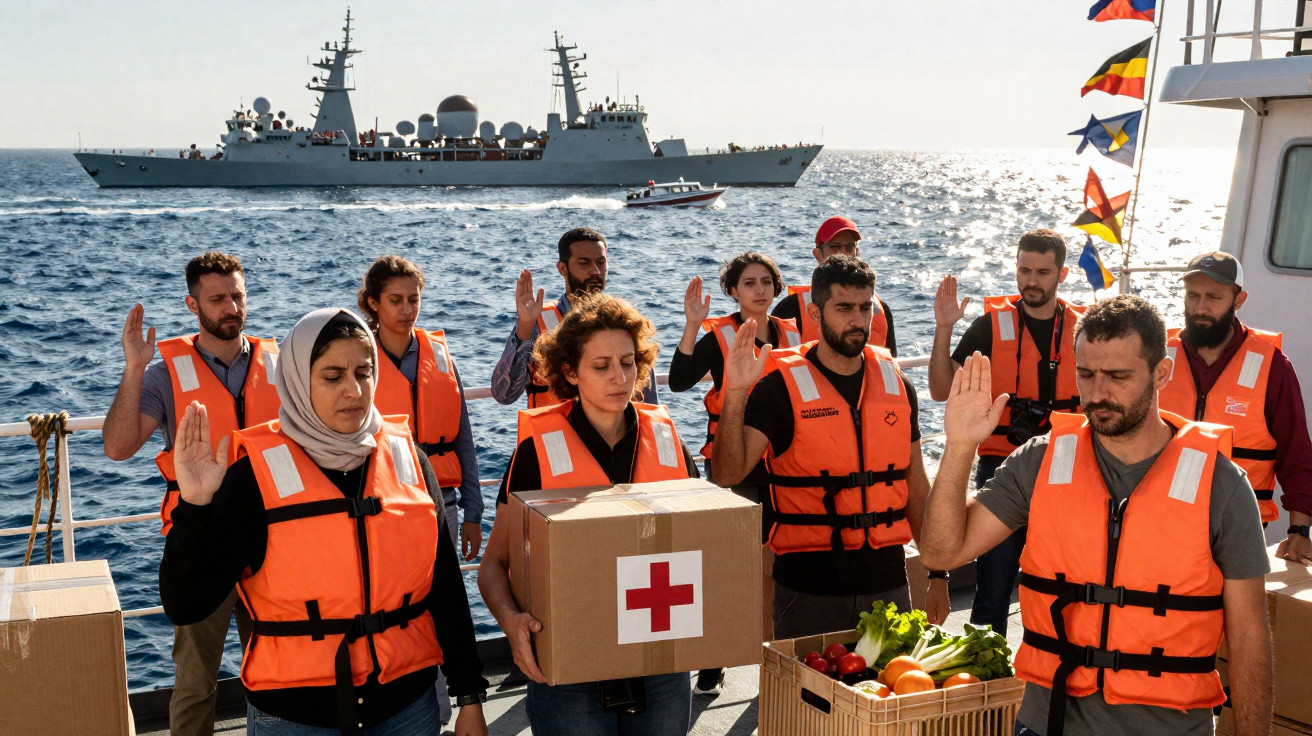 Pessoas com coletes salva-vidas num barco, segurando caixas de ajuda humanitária, com navio militar ao fundo no mar.
