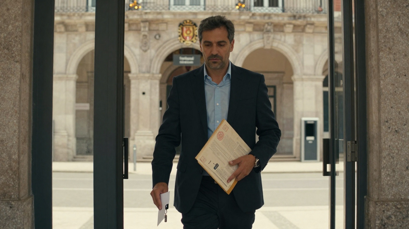 Homem de fato a entrar num edifício com envelope e chave na mão, expressão séria.