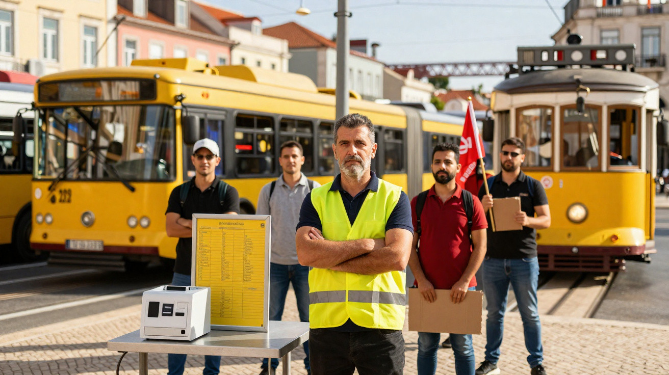 Grupo de trabalhadores de transportes públicos em protesto com colete amarelo e cartazes junto a autocarro e elétrico amarelo