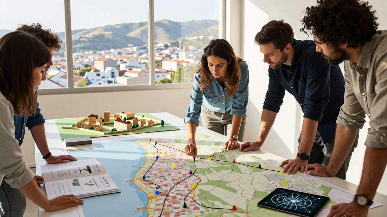 Grupo de cinco pessoas a analisar um mapa urbano sobre uma mesa numa sala com vista para montanhas.